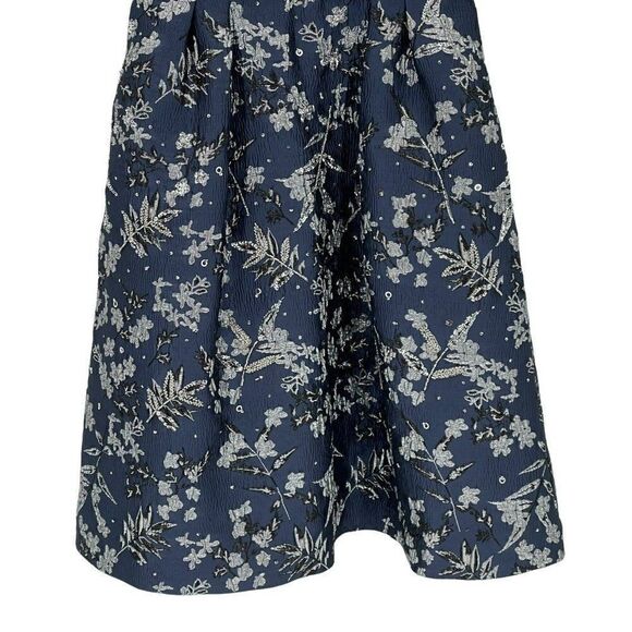 Theia Metallic Floral Jacquard A-Line Dress Knee Length Beaded Sequin Blue 2 - Picture 6 of 15